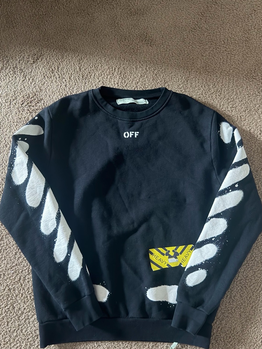 Off-White Black Crewneck Sweatshirt with White Sleeve Graphics and Yellow Patch